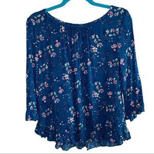 Gap Floral Peasant Blouse Size Small Blue Boho Ruffle Hem Top